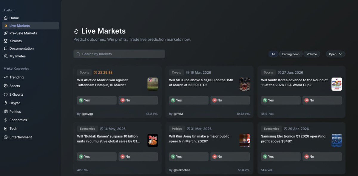 Zyllona's tweet photo. Following the news can feel passive. Prediction markets make it active.

Platforms like @Xmarketapp let users put real stakes behind their beliefs.

From crypto movements to sports outcomes and global events, every market lets participants express confidence in what they think will happen.

Success is not random. Rewards go to those who back their insight.

Early involvement can amplify gains, turning knowledge and timing into measurable outcomes.

It is less about luck and more about translating your perspective into action.