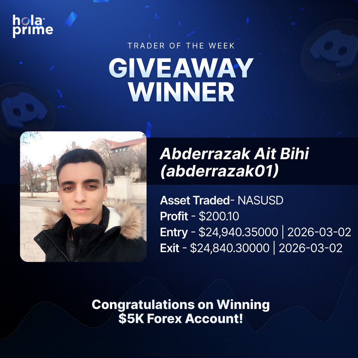 HolaPrimeGlobal's tweet photo. π Big congrats Abderrazak Ait Bihi, for winning Trade of the Week! ππ₯
Keep growing, keep improving. π
Everyone can keep submitting their best trades in Discord and win giveaway account ππ
https://t.co/66z6Knafgx
#HolaPrime #TradeOfTheWeek #TraderCommunity #ForexTrading #PropTrading
