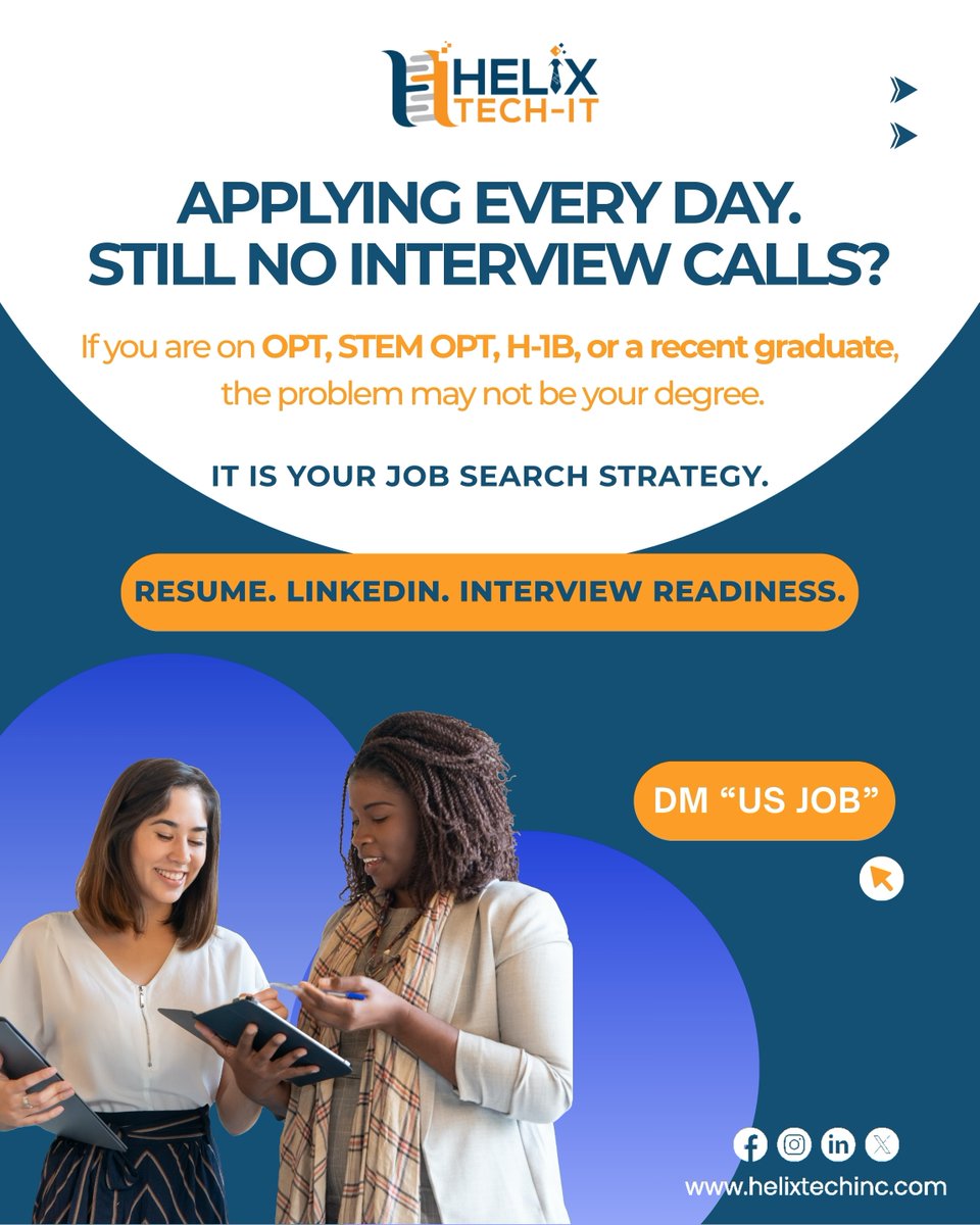 HelixTechIT's tweet photo. Applying to jobs every day, but still no interview calls?

You are not alone.

DM “US JOB” if you want guidance on improving your resume, LinkedIn, and interview readiness.

Visit - https://t.co/NKRuh1SKdW

#optjobsusa #stemoptjobs #h1bjobs #internationalstudentsusa #usitjobs https://t.co/R4XVR6RPp2