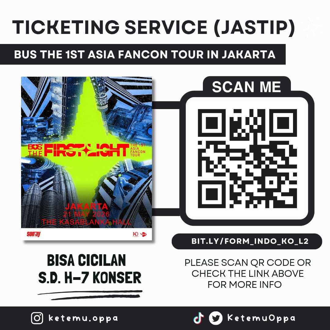 <TICKETING SERVICE / JASTIP TIKET>

🔹 BUS THE FIRST LIGHT THE 1ST ASIA FANCON TOUR IN JAKARTA 🔹

✅ Membership Presale &amp; Gensale
✅ Cicilan sampai H-7 konser
✅ DP start from 600k
✅ Disc for return cust

📌 Detail TnC, price list, sistem cicilan, alur dan cara order :