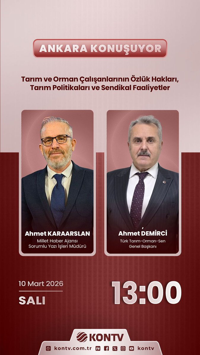 ttosgm's tweet photo. Genel Başkanımız Sayın @AhmetDemirciTOS  , bugün (10.03.2026) saat 13:00’da KON TV ‘de canlı yayın konuğu olarak, Tarım ve Orman çalışanlarının özlük hakları, tarım politikaları ve gündeme dair değerlendirmelerde bulunacaktır. https://t.co/3fdPiKGtl5