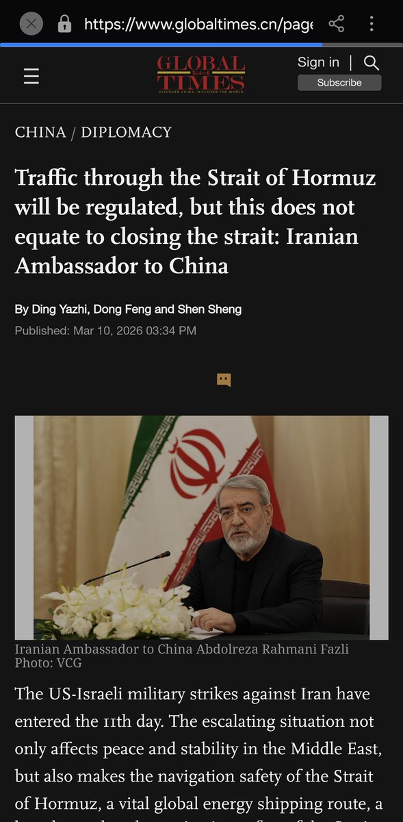 🚨이란 "통제하지만 닫지는 않는다" 공식 발언

3월 9일, 이란 주중 대사 압돌레자 라흐마니 파즐리 (Abdolreza Rahmani Fazli)

베이징 기자회견에서 호르무즈 해협 통제 관련 발언.

“호르무즈 해협의 통행은 통제·관리될 수 있지만, 그렇다고 해협을 폐쇄한다는 의미는 아니다.”

트럼프의 종전