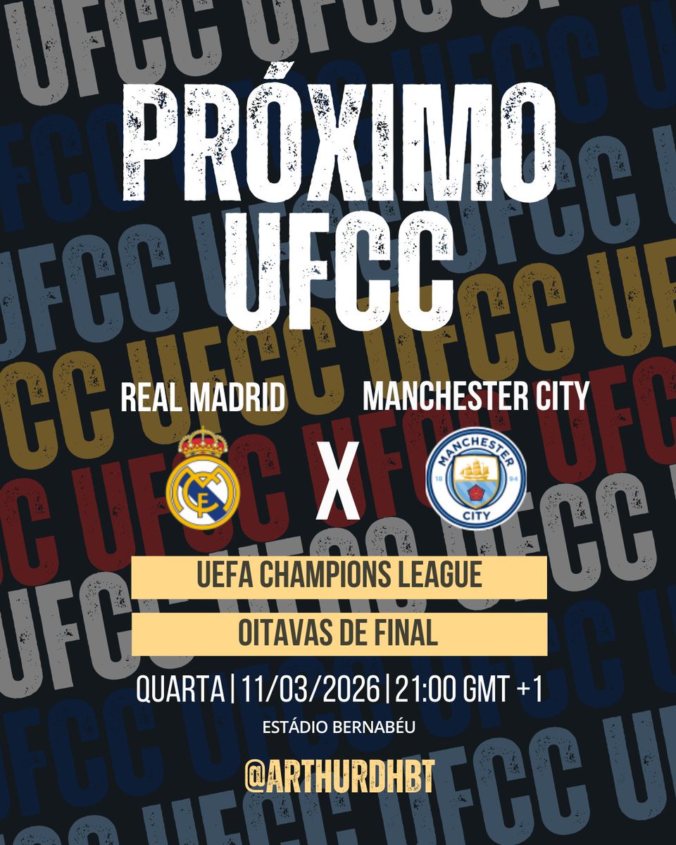 arthurdhgames's tweet photo. Próximo jogo do UFCC o Real Madrid Club de Fútbol desafia o Manchester City Football Club no Estádio Bernabéu em partida válida pela ida das Oitavas de Final da UEFA Champions League.
 
#RealMadrid #ManchesterCity #EstádioBernabéu #oitavasdefinal #UEFAChampionsLeague #UFCC https://t.co/tvCra1YNQW