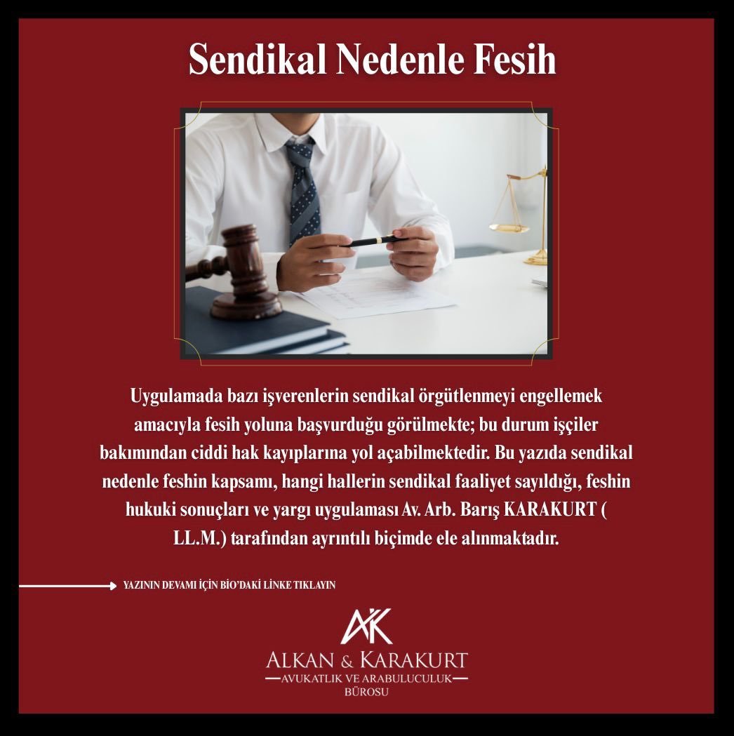 alkankarakurt's tweet photo. 📍“ Sendikal Nedenle Fesih ” konulu makalemiz Av. Arb. Barış Karakurt ( LL.M.)tarafından kaleme alındı. Aşağıda bulunan bağlantıya tıklayarak yazımızın tamamını okuyabilirsiniz. Herkese faydalı olmasını dileriz.
⬇️
Ayrıntılı Bilgi için 🔗 https://t.co/K0NPjVrvyi https://t.co/2VCJNDqNj4