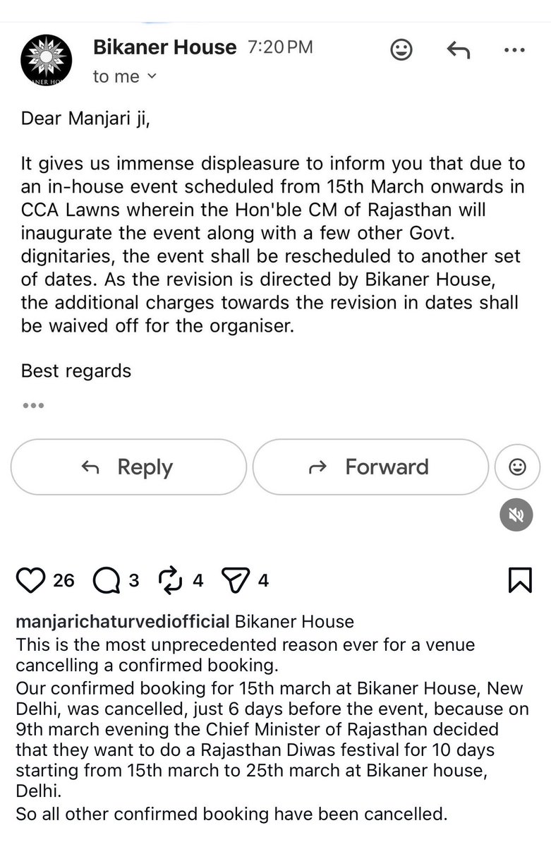 neeleshmisra's tweet photo. Fellow performing artistes, please help raise this issue.
Bikaner House in Delhi has dismissively and unceremoniously cancelled an event that India’s leading kathak dancer Manjari Chaturvedi ji — an event for which she has prepared months in advance, paid vendors, sent invites.
This is because, they said, the venue has been given for weeklong Rajasthan Day celebrations.
Holding events is a Himalayan effort for solo artistes in India. Either venues should not book the venue — or if they do, they should honour the booking.
@BhajanlalBjp @RajCMO @svoruganti1466