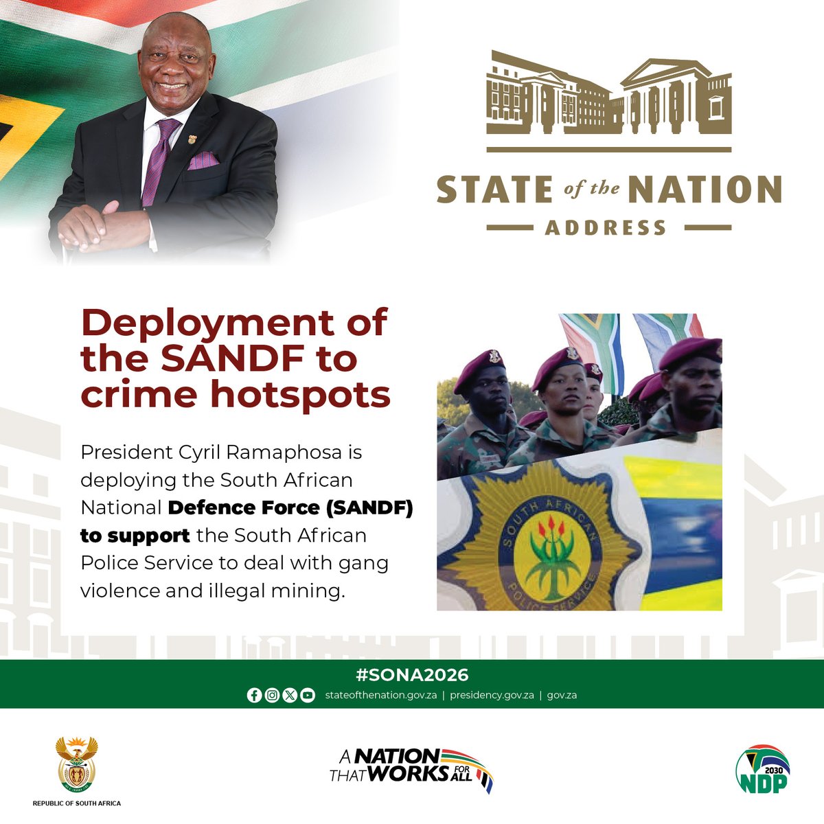 GovernmentZA's tweet photo. #SONA2026 Highlights โก๏ธ Fighting crime โฌ๏ธ
President Ramaphosa deploys SANDF to support SAPS against gang violence and illegal mining.
#GovZAUpdate https://t.co/fO6mzrkH0B