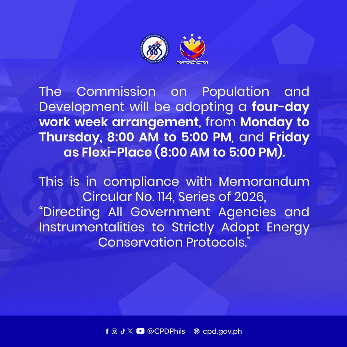 CPDPhils's tweet photo. Effective immediately, our office will be open from Monday to Thursday (8:00 AM - 5:00 PM). Please visit or transact business with us during these days. Fridays will be designated as 'Flexi-Place,' allowing our team to work remotely while ensuring continuous service. https://t.co/0fmkvWM9Wg