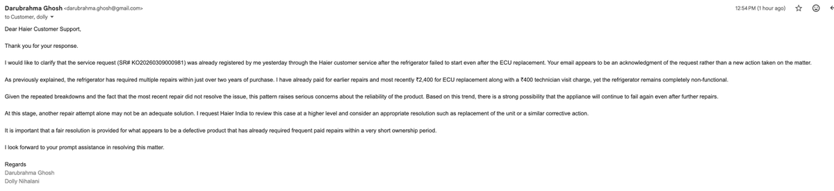 darubrahma's tweet photo. @JaagoGrahak @consaff @nch1915 When buying a ₹42k appliance that families rely on, one should really check whether the company’s business model is to sell products that just outlast the warranty, then profit heavily from repeated paid services. https://t.co/uGs5vndLko