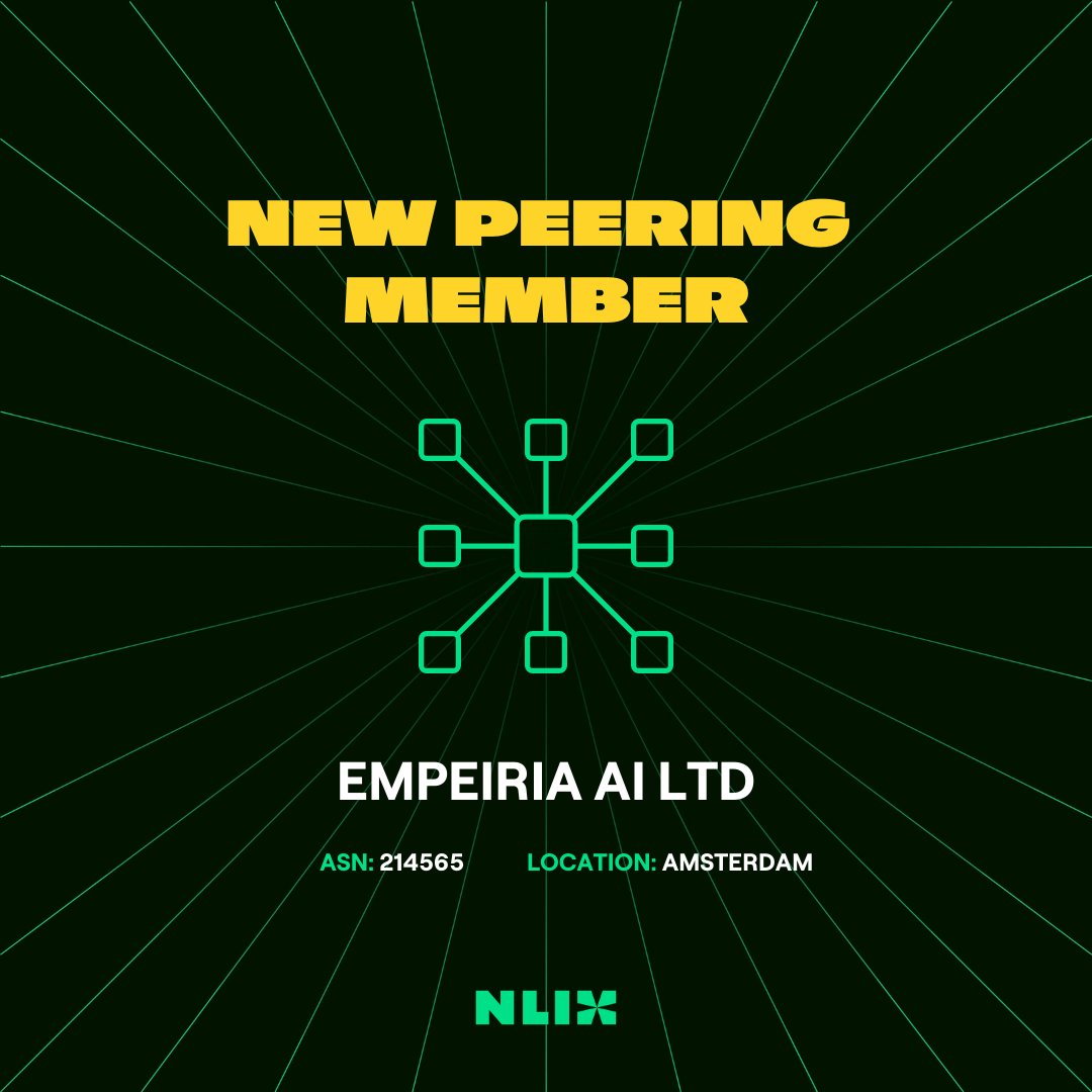 nl_ix's tweet photo. Connected and thriving ๐! We are thrilled to welcome Empeiria AI LTD to our Peering VLAN in Amsterdam!
Want to see who else is on board? Explore all connected networks here:
๐ https://t.co/U6K04XyJ73
#nlix #betheinternet #InternetExchange #peering #bgp #iptransit #cloud #datacenter #network #interconnection #routing #transport #antiddos #ElasticInterconnect