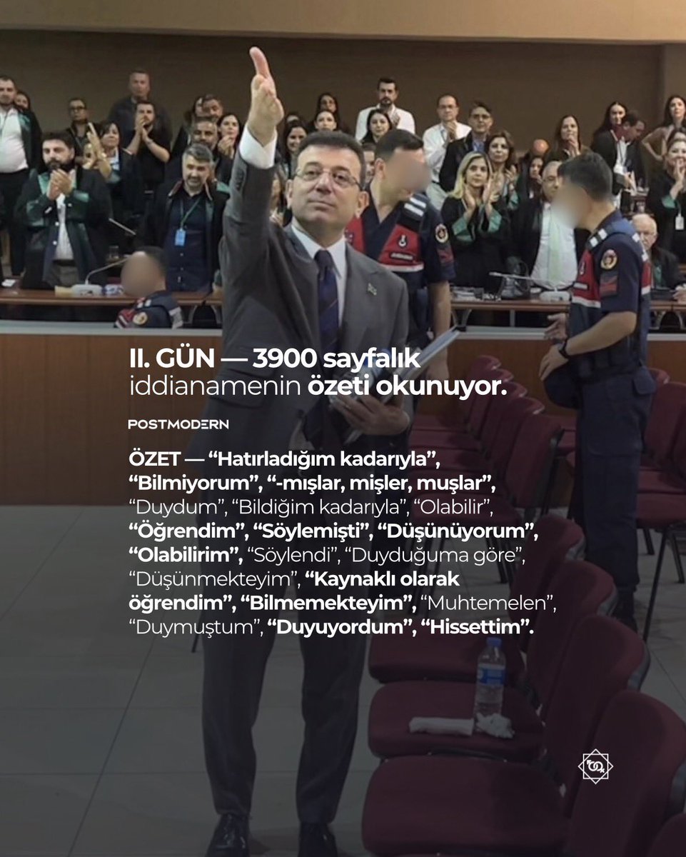 İBB DAVASI II. GÜN — Mahkemede 3900 sayfalık iddianamenin özeti okunuyor.

İddianamede en çok geçen sözcükler:

—969 kez “Hatırladığım kadarıyla”
—774 kez “Bilmiyorum”
—691 kez “-mışlar, mişler, muşlar”
—546 kez “Duydum”
—516 kez “Bildiğim kadarıyla”
—499 kez “Olabilir”
—401 kez