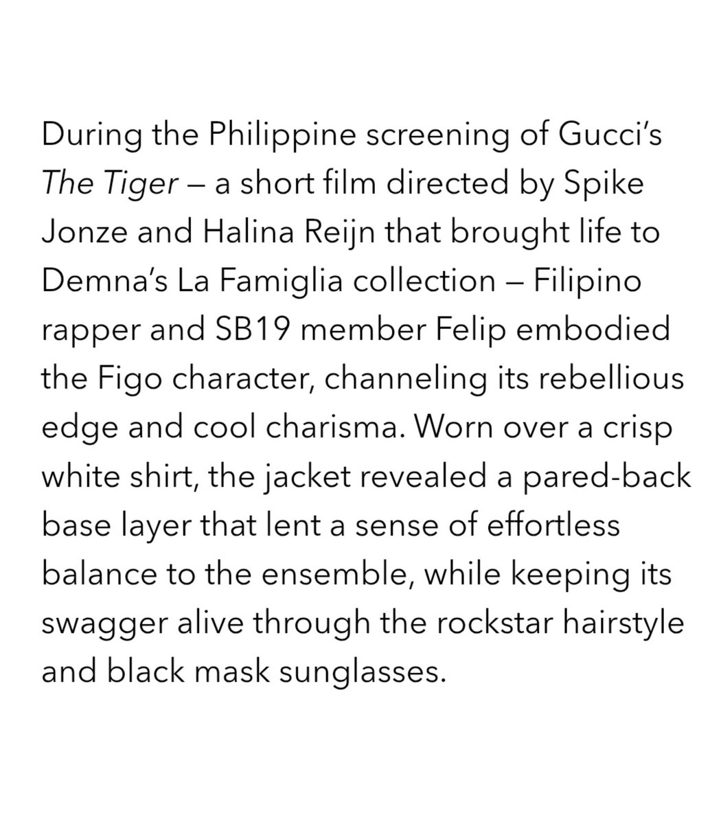 FELIPsusonID's tweet photo. #FELIP UPDATE | 090326
FELIP rocking Gucci Figo jacket:
โ... a sense of effortless balance to the ensemble, while keeping its swagger alive through the rockstar hairstyle and black mask sunglasses.โ
ยฉ L'Officiel Philippines
#FELIPsusonID
#GucciPH #GucciLaFamiglia
#SB19_KEN @felipsuperior