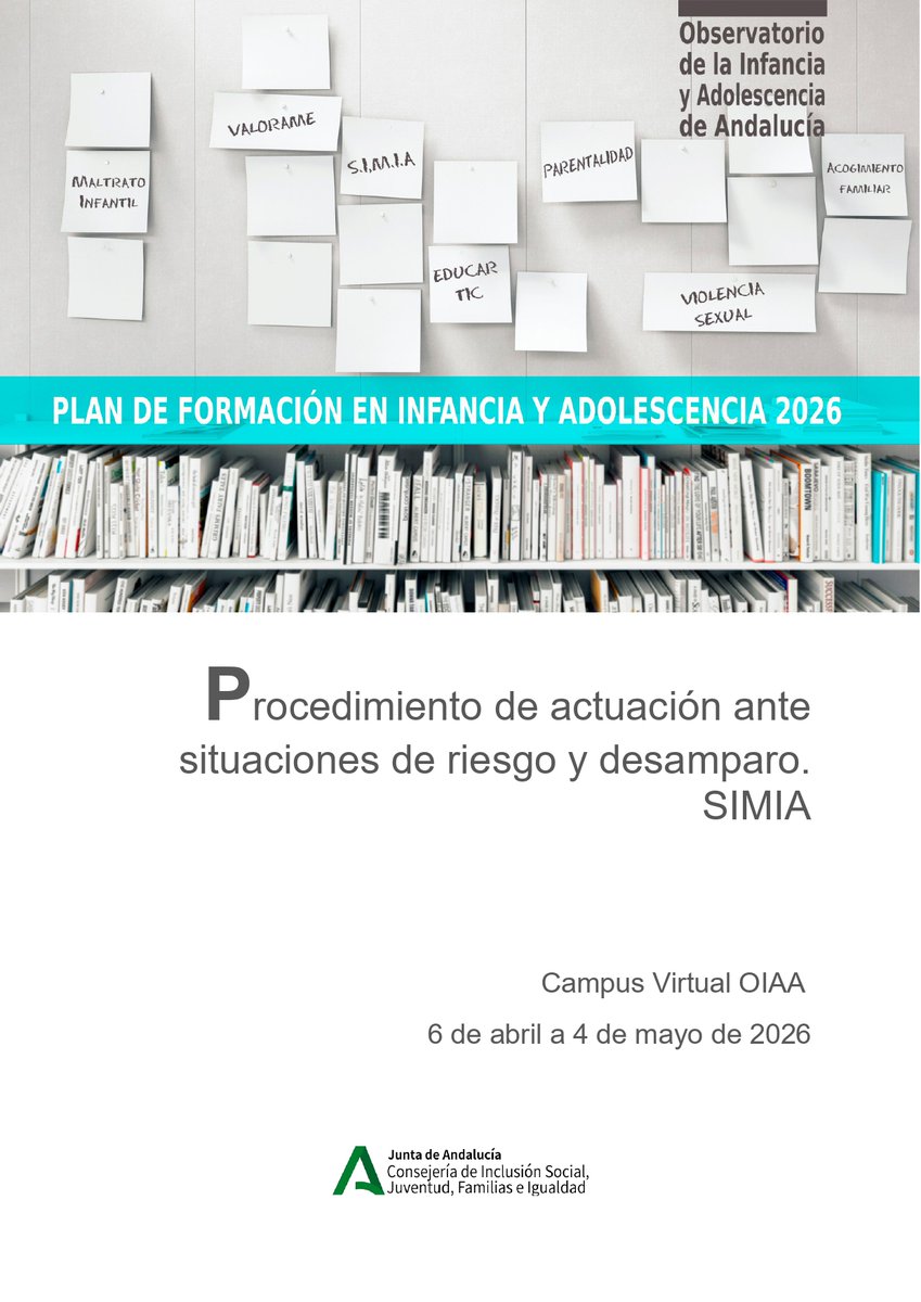 CDOIA's tweet photo. 💻 #CursoONLINE || 📋 Procedimiento de actuación ante situaciones de riesgo y desamparo 📌 #SIMIA (2ª edición)
Campus Virtual OIAA 
📎 Enlace de inscripción 👉🏻 https://t.co/jZOYp4NboF
✍🏻 Plazo inscripción 👉🏻 hasta el 16 de marzo
@IgualdadAND  @ServiciosAND  @AndaluciaJunta https://t.co/OOcYjYIT0C