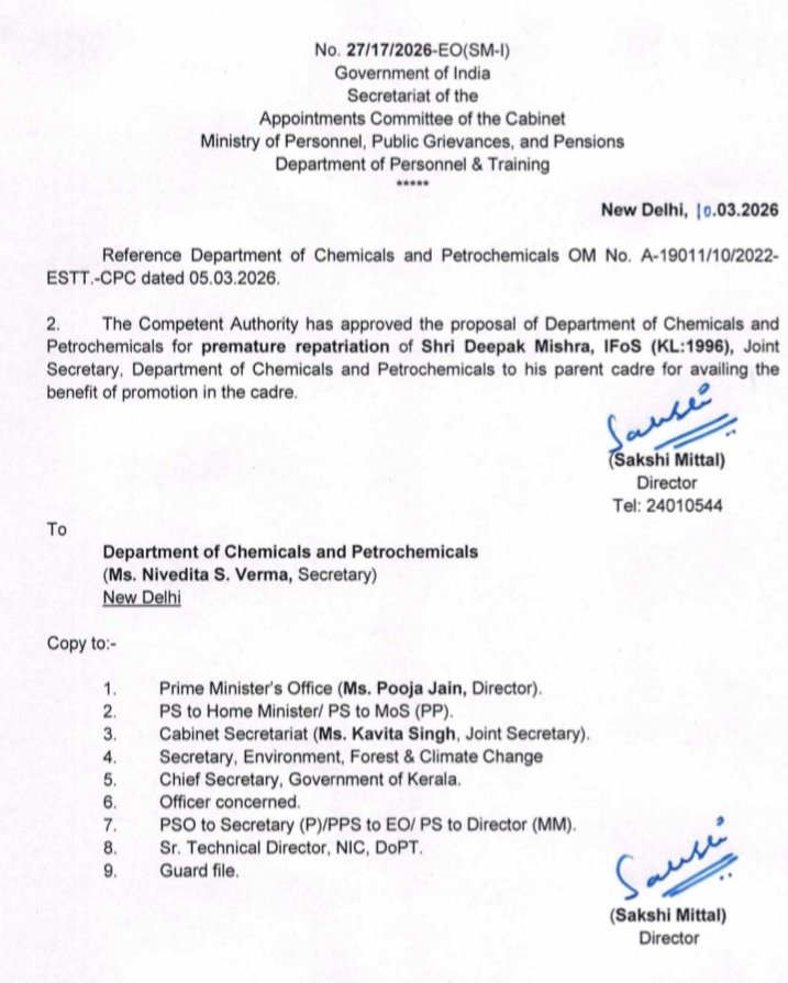 h_pongilath's tweet photo. Competent Authority has approved the D/o Chemicals & Petrochemicals for premature repatriation of Shri. Deepak Mishra, IFoS, (KL:1996) Joint Secretary, D/o Chemicals & PC to his parent cadre (#Kerala) for availing the benefit of promotion.
#IFoS https://t.co/7CHvXojFaB