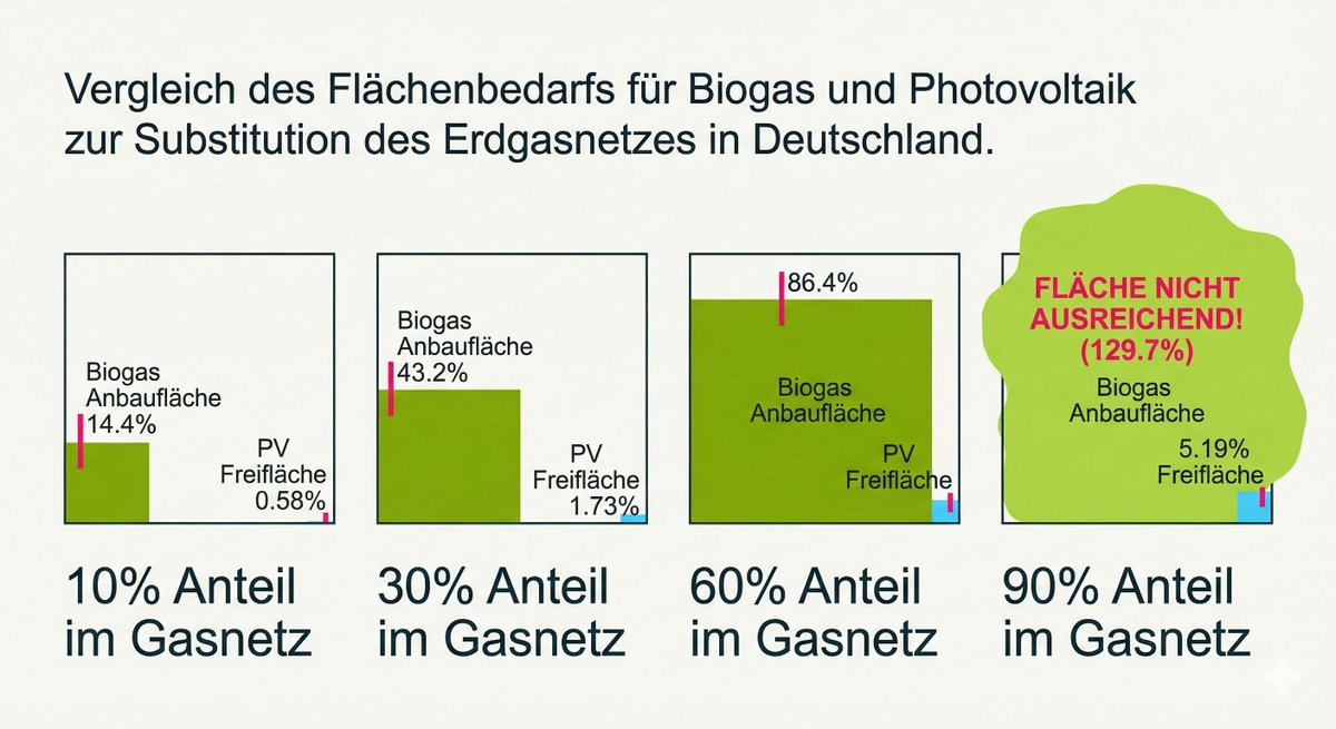 energieexperten's tweet photo. Reiches Milchmädchen-Rechnung der Bio-Treppe:

❌Die 10 %-Hürde: Schon bei einer Einspeisung von nur 10 % Biomethan müssten wir fast jeden siebten Acker in Deutschland ausschließlich für die Gasproduktion nutzen.

❌Die 30 %-Grenze: Bei 30 % wäre fast die Hälfte der deutschen Landwirtschaft mit der Energieerzeugung für das Gasnetz beschäftigt. Dies würde die nationale Lebensmittelversorgung massiv gefährden und Preise extrem steigen lassen.

❌Das "Unmöglich"-Szenario: Ab 60 % bis 90 % wird deutlich, dass Biogas auf Basis von Energiepflanzen (wie Mais) keine Lösung für die breite Masse ist. Wir haben schlichtweg nicht genug Land, selbst wenn wir kein einziges Gramm Getreide oder Gemüse mehr anbauen würden.