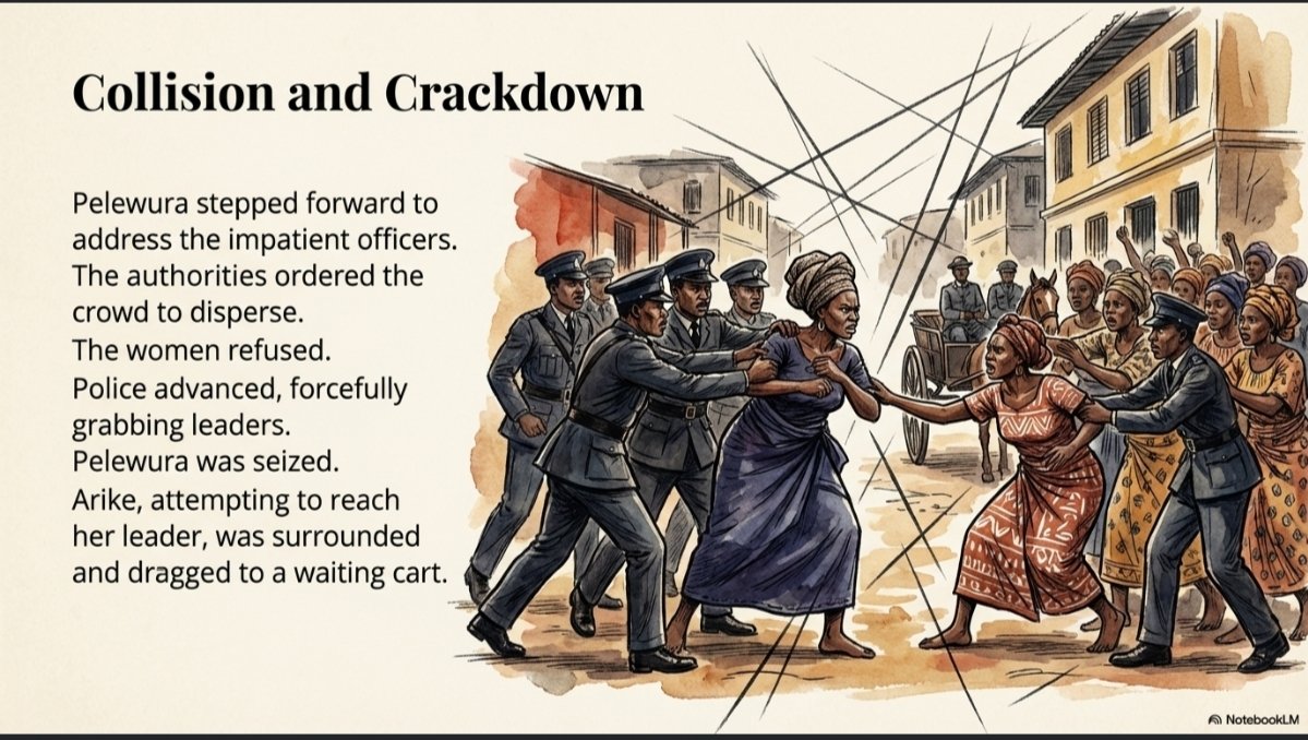 FictionXHistory's tweet photo. In 1935, as market women protested the relocation of Ereko Market, British officers, fearing unrest, seized Alimotu Pelewura. Arike tried to reach her but was grabbed too. Both were dragged into a cart, their screams echoing through Lagos streets. #LagosHistory #ErekoMarket https://t.co/bZGIDWboQq