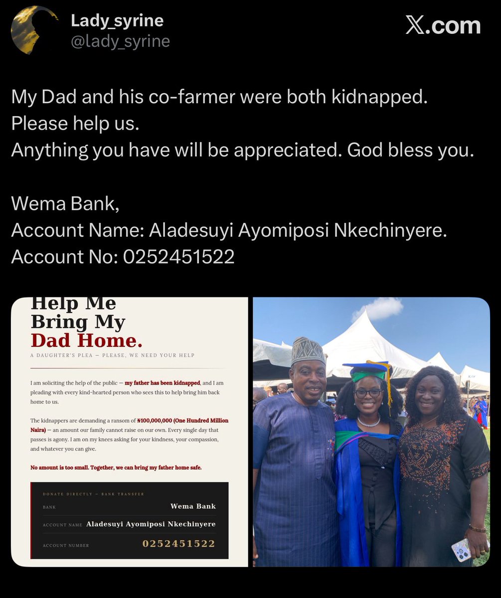 Obumnemetg's tweet photo. Dear @OurFavOnlineDoc,

Please a friend’s dad (@lady_syrine) was kidnapped from this incident yesterday at Akure and he was shot. He is currently in the custody of the Kidnappers. Kindly help us raise awareness please. 🙏

Thank you. https://t.co/zriB8VsHMZ