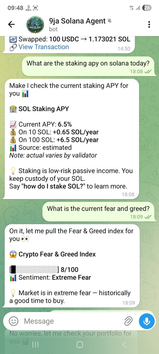 mark67857's tweet photo. 🧠 Market Intelligence
Ask the agent for live market insights:
• Fear &amp; Greed Index
• Whale activity
• Network status
• Staking APY
Your wallet becomes a crypto research assistant. https://t.co/3dzVpT9M6Z
