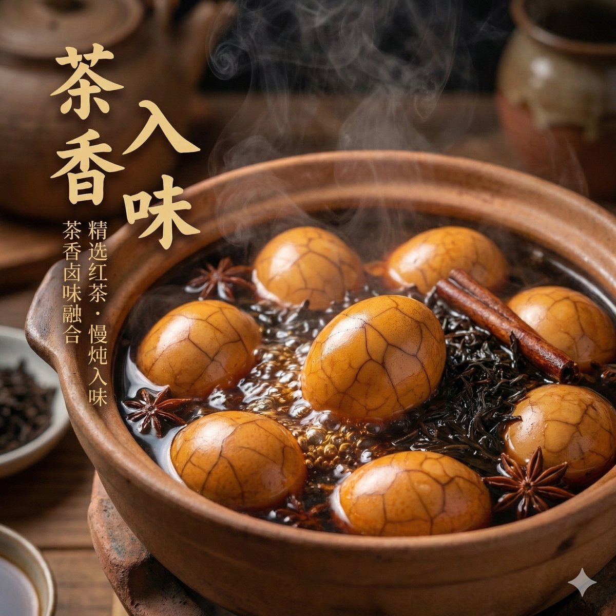 老街巷口的那口大锅，永远冒着热气。茶叶、八角、桂皮在沸水中慢慢释放香气，一颗颗圆润的鸡蛋在深褐色的卤汤中沉浮，慢慢染上琥珀般的色泽。