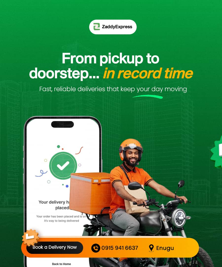 ZaddyExpress's tweet photo. Delivering more than parcels. Delivering dreams.
ZaddyExpress, is Enugu dispatch rider at your fingertips...where every package tells a story
To book a delivery...Call/WhatsApp: 09159416637
#ZaddyExpress #dispatchriderinEnugu #EnuguLogistics #EnuguDispatchRider #samedaydelivery https://t.co/1ydrsxSjAY