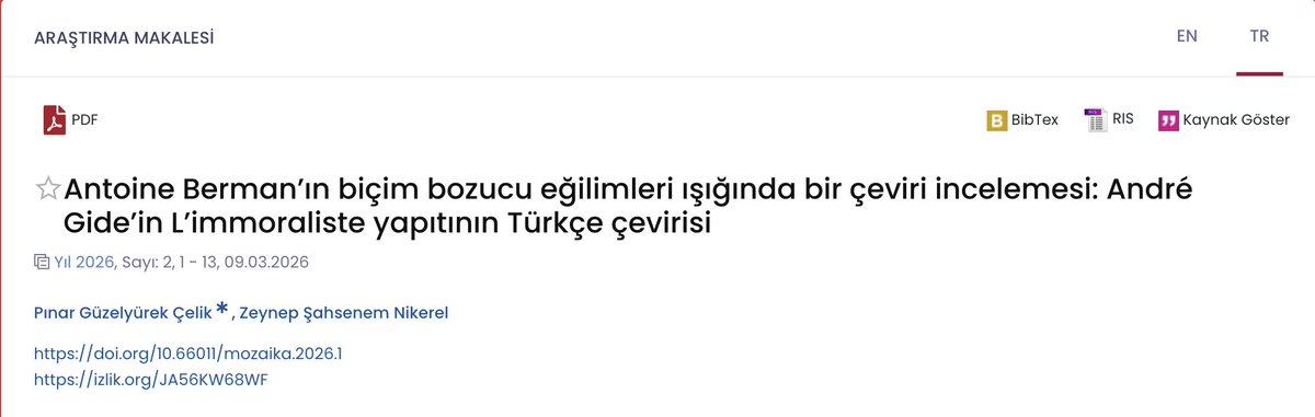 mozaikajournal's tweet photo. The research article "A translation analysis through Antoine Berman’s deforming tendencies: The Turkish translation of André Gide’s L’immoraliste" by Pınar Güzelyürek Çelik &amp; Zeynep Şahsenem Nikerel has been published. You can access it here: https://t.co/2yFgm2OfqZ https://t.co/2IPhz3bXUk