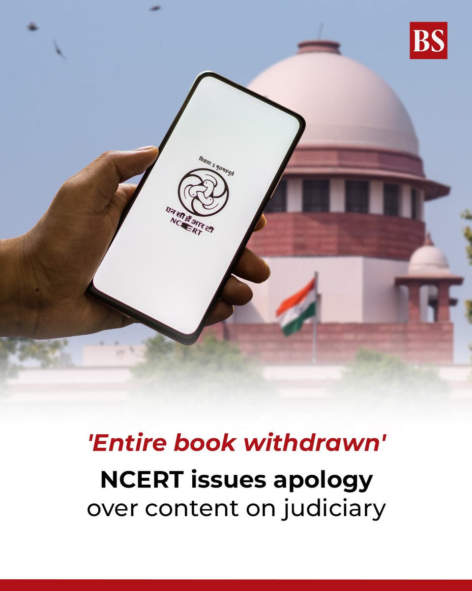 bsindia's tweet image. The NCERT issued a public apology for including a chapter on judicial corruption in a recent book that had earned the Supreme Court's ire, and said the entire textbook has been withdrawn.

mybs.in/2g4ap9N

#NCERT #JudicialCorruption #Textbook #Education #SupremeCourt