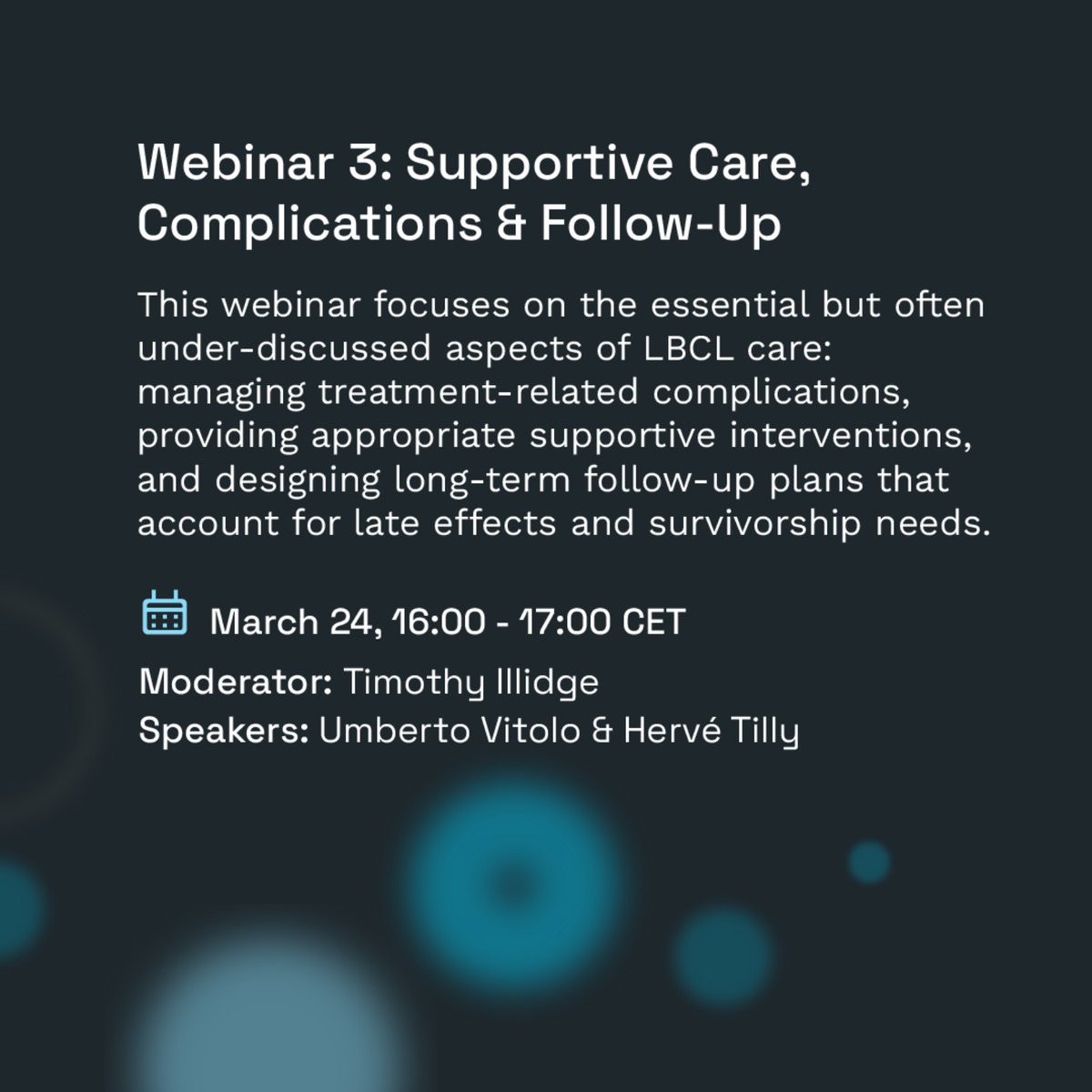 EHA_Hematology's tweet photo. Beyond treatment efficacy in LBCL: this webinar focuses on managing therapy‑related complications, optimising supportive care, and planning long‑term follow‑up that addresses late effects and survivorship.

24 March | 16:00–17:00 CET
