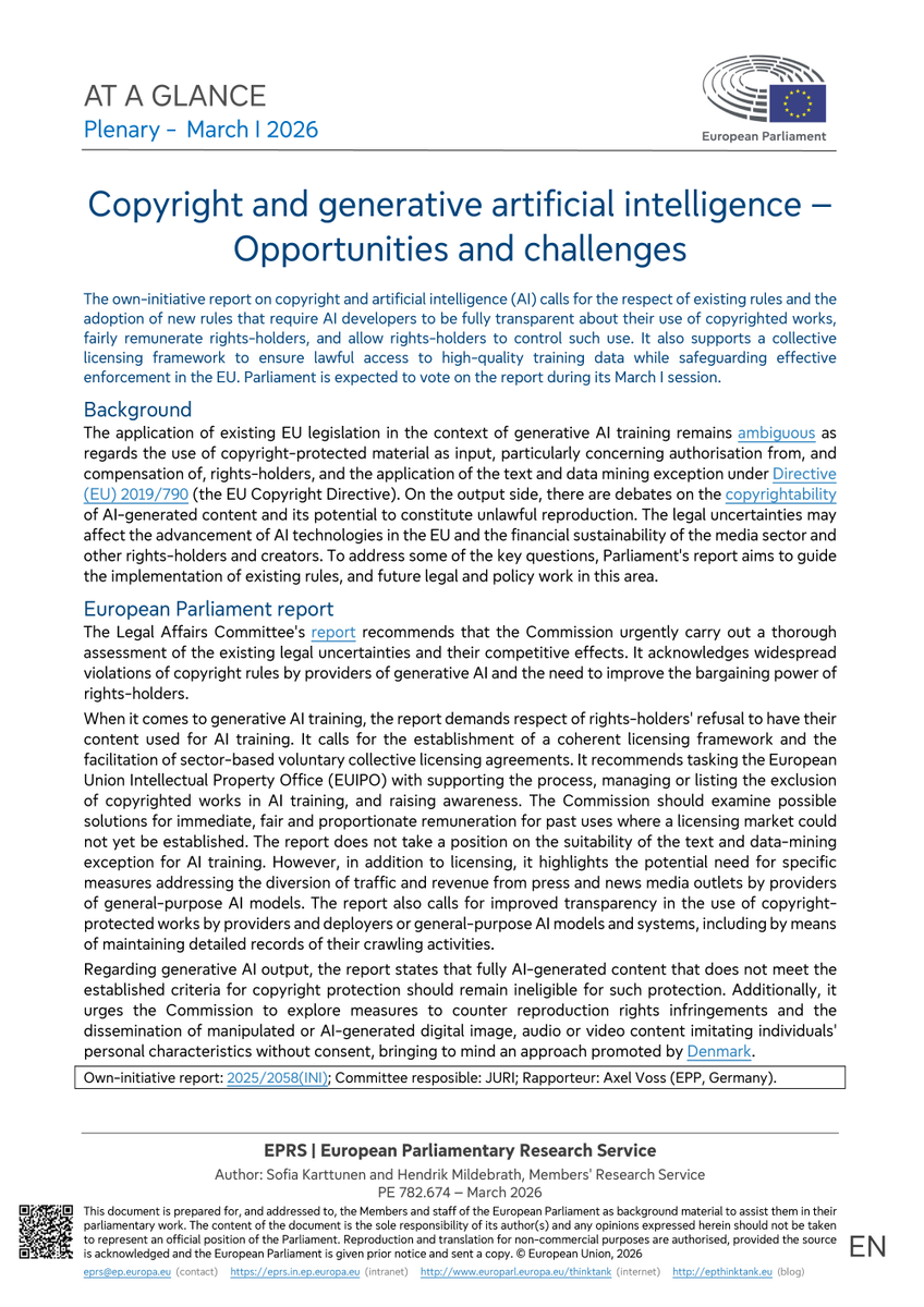 EP_EPRS's tweet image. The application of EU law to generative #AI training is ambiguous regarding the use of #copyright-protected material as input.

To address this issue, MEPs vote on a report in #EPlenary today 👇

@EP_Legal @AxelVossMdEP @DiepeveenTon @KosmaZlotowski @laurencefarreng @MarioFurore