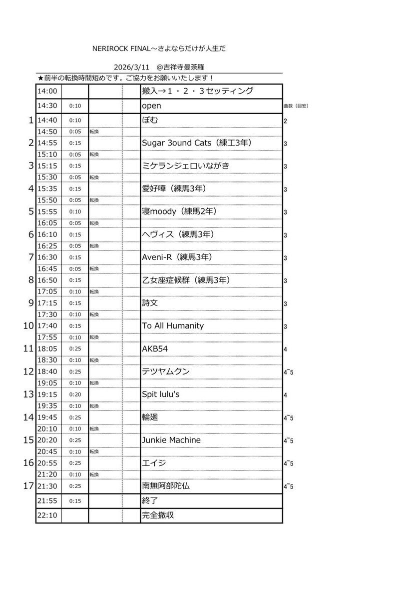 ねりロックラストライブです❤️‍🔥❤️‍🔥

精一杯やらせていただきます💪

出演は17:15~17:30です！

是非お越しくださいね‼️‼️

弾き語りのぽむもトッパーでやるので
是非最初から見に来てください‼️