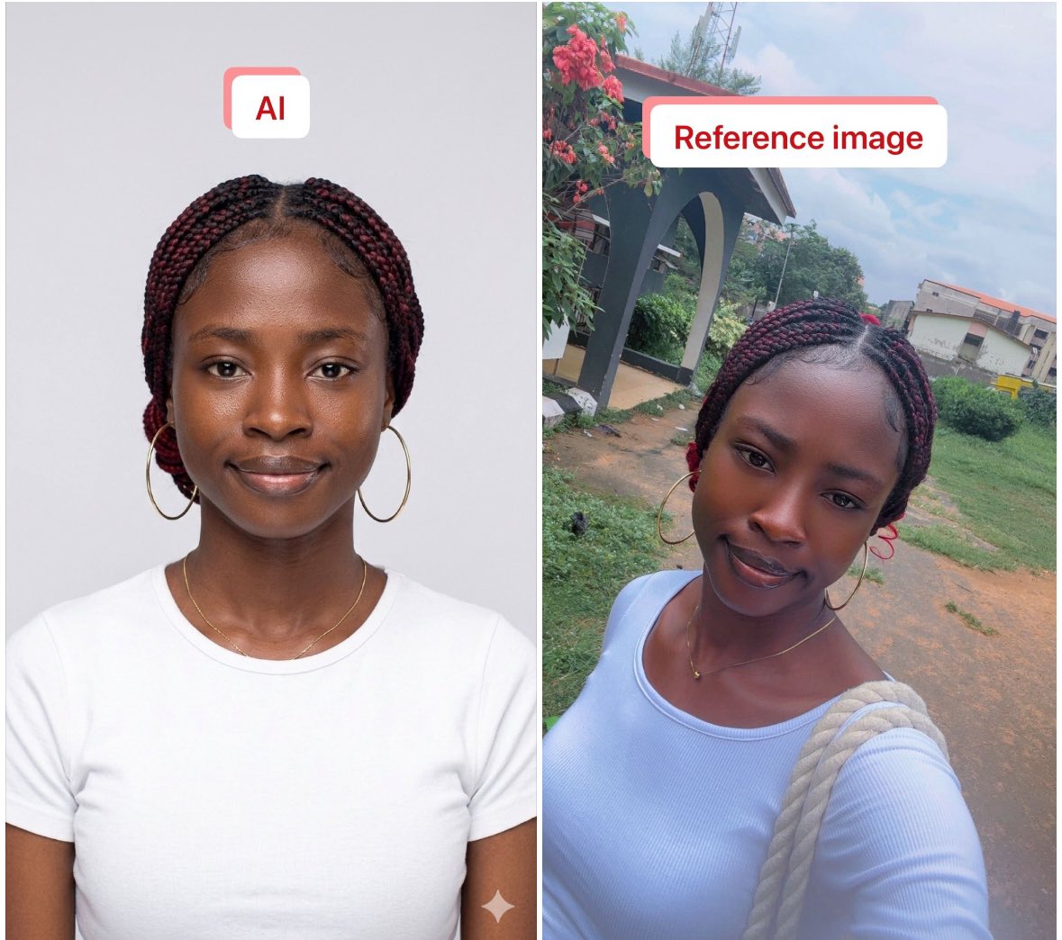 just_fortuneee's tweet photo. Someone asked me yesterday for the reference picture I used to generate the image 

Here’s a side by side view of the AI image and my reference 

Omo putting them side by side like this actually shows how close it is, 
Even down to my edges 😂😂 https://t.co/XyMFcBmOR8