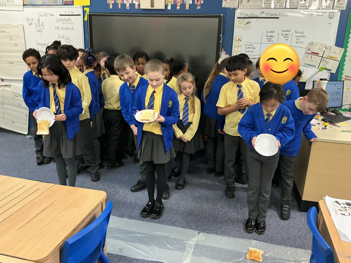 StMaryB17's tweet photo. Does toast always land butter-side down? #Y4 designed a test   with prediction, test and conclusion and tested it too! #Science #ScienceWeekUK #RRSA #Art29 https://t.co/j9kLlQhPLW