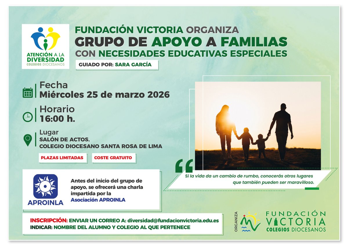 Fundación Victoria pone en marcha un Grupo de Apoyo para familias de alumnado con necesidades educativas especiales.

Un espacio para compartir experiencias, recibir orientación y encontrar apoyo en el acompañamiento educativo y personal de los hijos.

#ColegiosDiocesanos