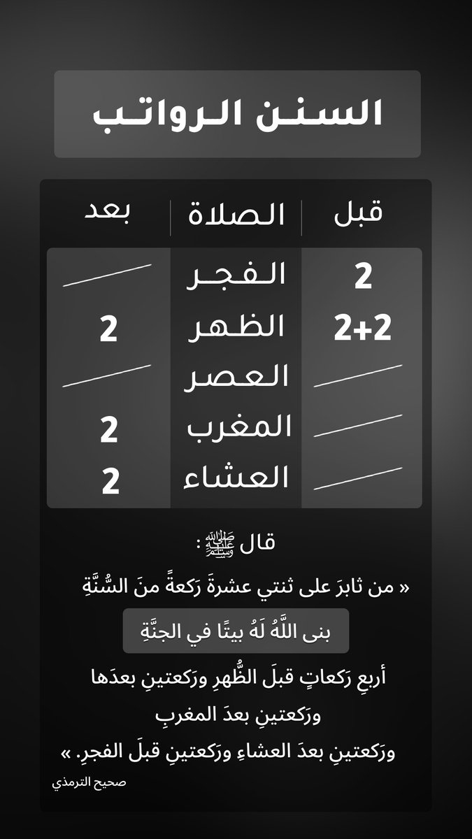 azkar311's tweet photo. حديث قال ﷺ:( من ثابرَ على ثنتي عشرةَ رَكعةً منَ السُّنَّةِ بنى اللَّهُ لَهُ بيتًا في الجنَّةِ ... https://t.co/6qciB71Tbb