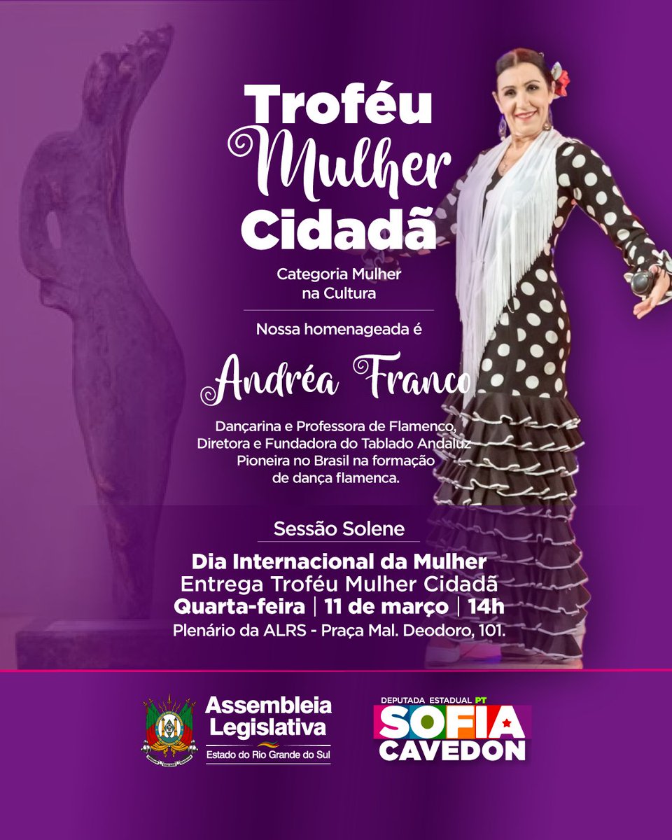 Na próxima quarta-feira, 11, vamos homenagear uma grande referência da cultura, Andréa Franco. 

Dançarina e professora de flamenco, Andréa é diretora e fundadora do Tablado Andaluz e uma das pioneiras na formação da dança flamenca no Brasil. Sua trajetória ajudou a formar