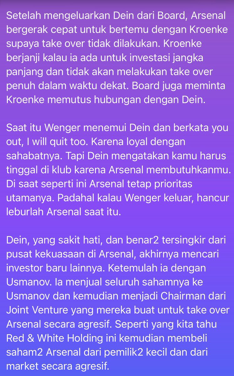 JalanArsenal's tweet photo. Tantangan dari sugar daddy club dan mengapa Dein kemudian menarik Kroenke untuk invest di Arsenal.

Tindakan yg kemudian backfired dg berakhir dirinya disingkirkan board Arsenal. The politics of the game.

Kroenke dapat manfaat terbesar dengan cara simple: bersabar dalam diam. https://t.co/Ne3FB39kpD
