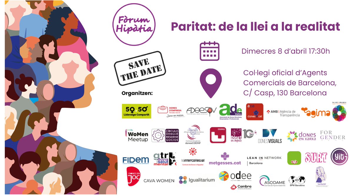 lideratge_50a50's tweet photo. #FòrumHipàtia
💜"Paritat: de la llei a la realitat"*
🗓 Dimecres 8 d'abril · 17.30 h
📍 Col·legi Oficial d'Agents Comercials de Barcelona
Perquè volem fets, no paraules. 💜

🔜 _En breu programa definitiu._
👉 Inscriu-te aquí:
https://t.co/1P51WHI8I2

#ParitatDeLaLleiALaRealitat https://t.co/lxAOVaedE2