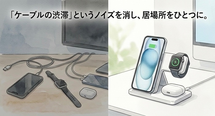 aino_smart's tweet image. iPhone、Apple Watch、AirPods。
大切な相棒たちの充電が「ケーブルの渋滞」になっていませんか？🌿

Ankerの3-in-1は、置くだけで3台の居場所を整えてくれる救世主。
マグネットでピタッと吸い付く快感に、
毎日の小さなノイズがスッと消えていくのが分かります🫧

#PR #Anker #MagGo #自分を整える