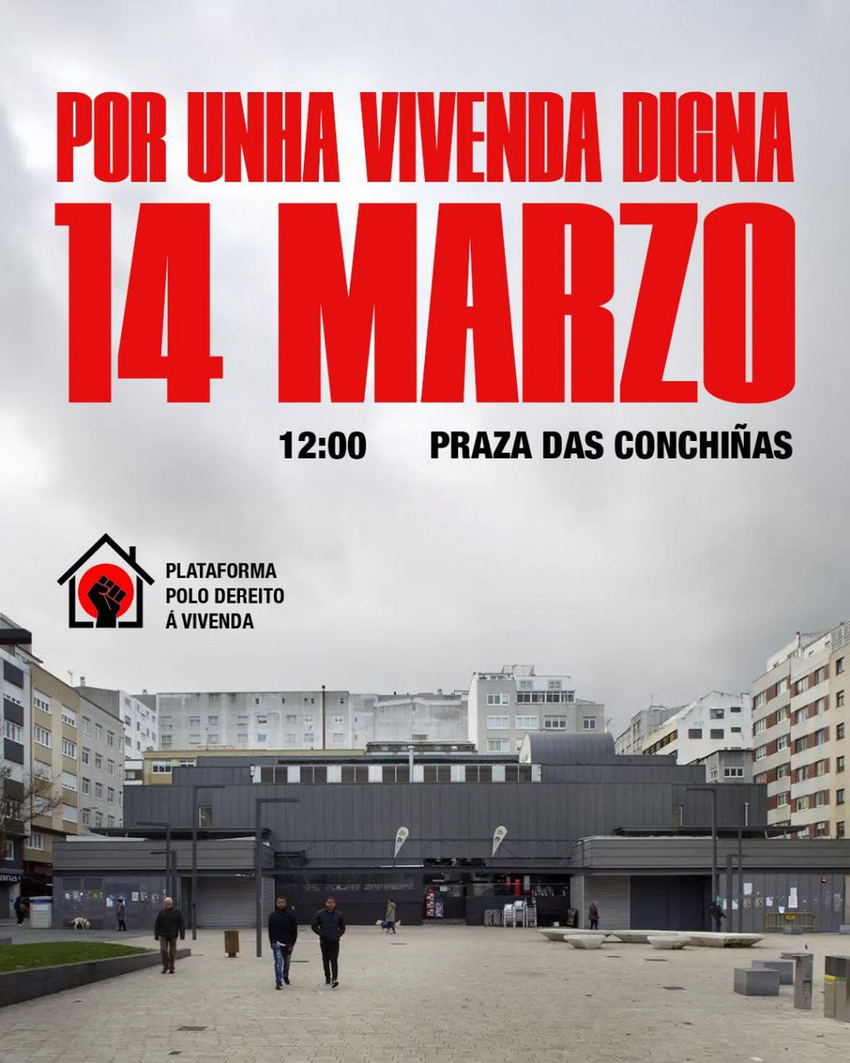 Podemos_Galicia's tweet photo. Este sábado ás 12 h, a Plataforma polo Dereito á Vivenda convoca unha concentración na praza das Conchiñas, nun barrio coruñés de clase traballadora onde os alugueiros aumentaron un 80 % nos últimos anos, provocando que a maior parte do salario remate nos petos dos caseiros. https://t.co/8q26uIfWtI