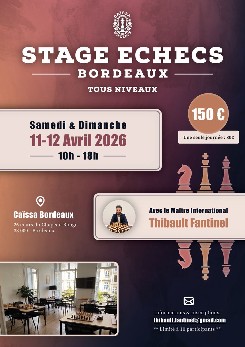 Lenitnaf's tweet photo. Il reste encore des places pour mon stage dans les locaux de @caissa_bordeaux, les 11 et 12 avril ! 
N'hésitez pas à m'écrire si vous avez des questions pour cet entrainement intensif 🤯 https://t.co/uvZiy3kQvg