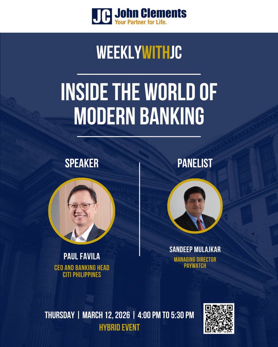 johnclementsph's tweet photo. Join our #WeeklywithJC as we explore the future of banking, digital transformation, and financial innovation. 

🔗 Tap the banner, scan the QR code, or click the link to sign up. https://t.co/AP7SdxaR0K

#BankingInsights #FinancialLeadership #DigitalTransformation https://t.co/tFPTzR5UNZ