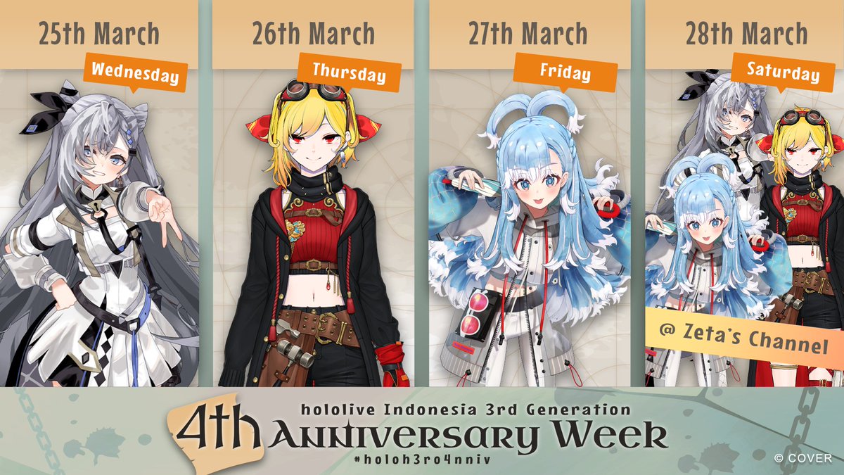 Selamat anniversary keempat untuk holoh3ro! 🎉
📜🔨☔

Jangan lewatkan stream spesial di hari debut tiap talent dari 25–27 Maret, di channel masing-masing!
Dan di tanggal 28 Maret, holoh3ro akan uji kekompakan dengan stream collab di channel Vestia Zeta 👀✨

Catat tanggalnya dan