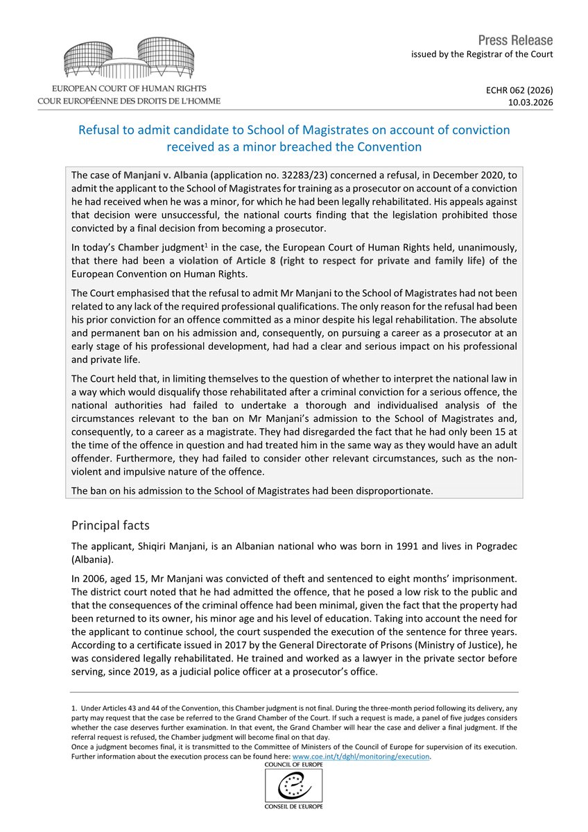 ECHR_CEDH's tweet image. Judgment Manjani v. Albania - Refusal to admit candidate to School of Magistrates on account of spent conviction received as a minor
hudoc.echr.coe.int/app/conversion…
#ECHR #CEDH #ECHRpress
