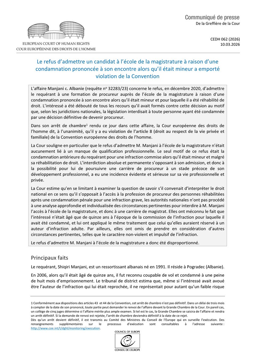 ECHR_CEDH's tweet image. Arrêt Manjani c. Albanie - Refus d'admettre un candidat à l'école de la magistrature à raison d'une condamnation prescrite prononcée alors qu'il était mineur
hudoc.echr.coe.int/app/conversion…
#ECHR #CEDH #ECHRpress
