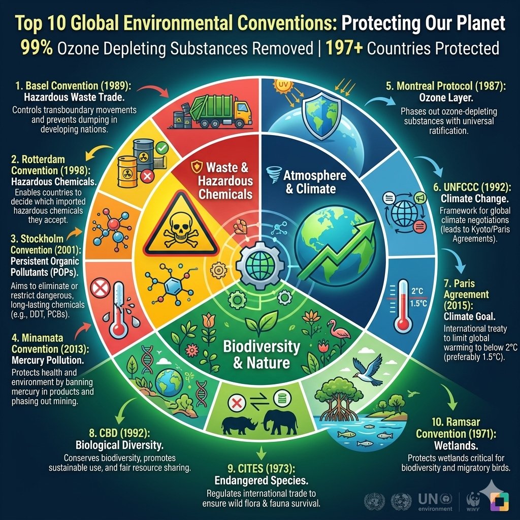 10 Key Global Environmental Conventions- 

1. Basel Convention (1989)
2. Rotterdam Convention (1998)
3. Stockholm Convention (2001)
4. Minamata Convention (2013)
5. Montreal Protocol (1987)
6. UNFCCC (1992)
7. Paris Agreement (2015)
8. CBD (1992)
9. CITES (1973)
10. Ramsar