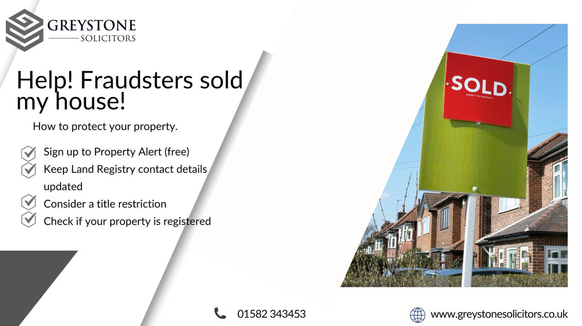 GreystoneSols's tweet image. Could someone sell your house without you knowing? 

Property fraud happens, fraudsters can use fake ID to sell or mortgage your home.

Protect yourself: sign up for Land Registry’s free Property Alert. 

gov.uk/protect-land-p…

#PropertyFraud #Homeowners #UKProperty