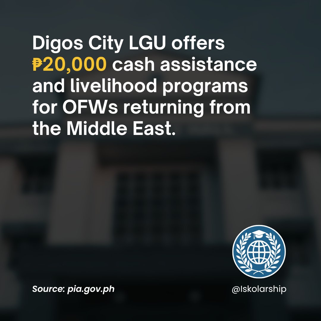 Iskolarship's tweet photo. The Digos City government in Davao del Sur said it will provide P20,000 in cash assistance to returning Overseas Filipino Workers from the Middle East amid the ongoing conflict in the region.

Follow for more updates.

#Philippines #IskolarshipUpdates #news #OFW #middleeast https://t.co/2SrvutsBwm
