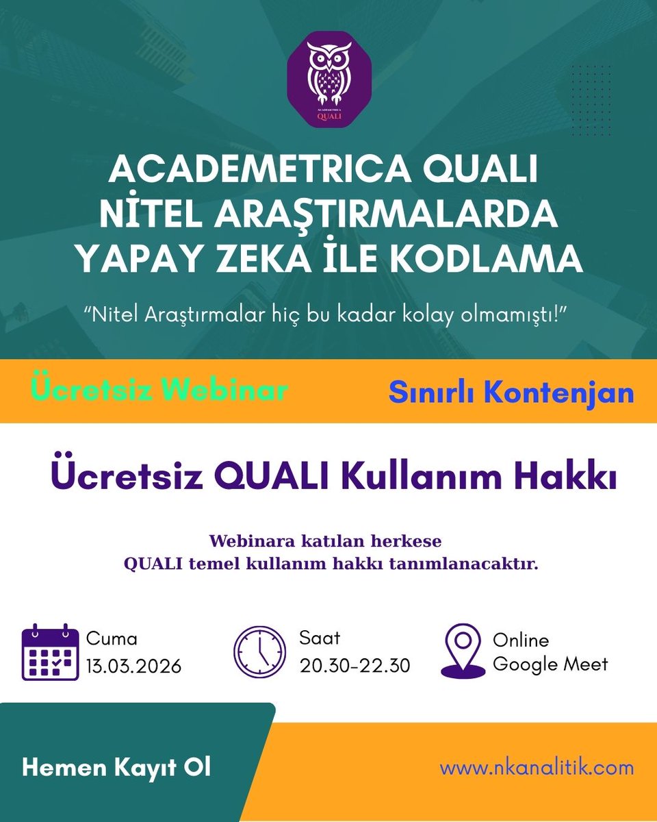 Nitel Araştırmalar hiç bu kadar kolay olmamıştı!

Üstelik ücretsiz!

Quali Kullanım Hakkını Kaçırmayın!    

Academetrica Quali'yi bilgisayarınıza indirin  academetrica.com 

Webinarımıza Kayıt olun  nkanalitik.com/magaza/ 

Daha fazlası için takip edin <a href="/nk_analitik/">NK Araştırma</a>