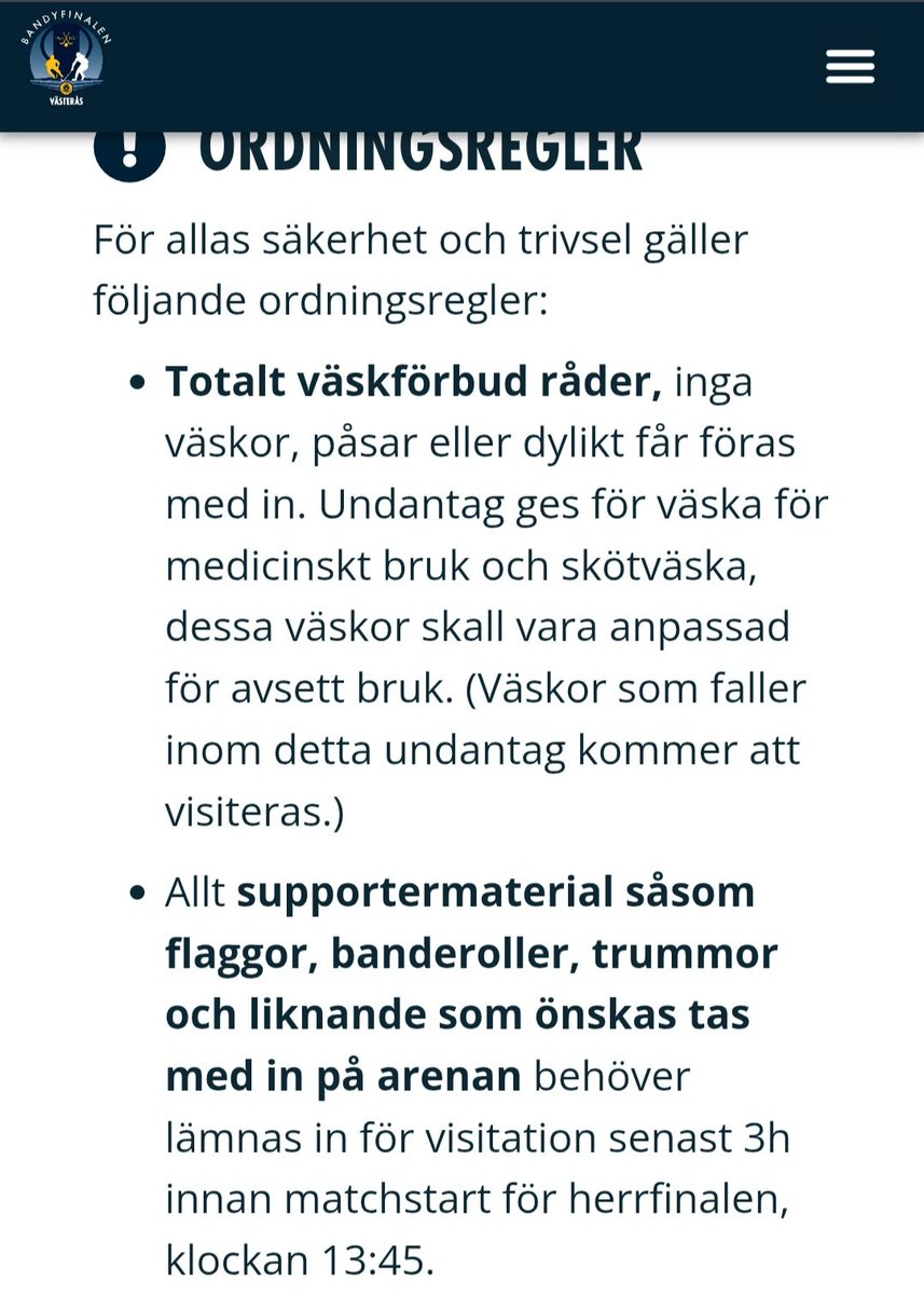 campsiteowner's tweet photo. Svenska Bandyförbundet tycker att Väskförbud och inspektion av Banderoller tre timmar innan match är en bra idé.
Bajsnödigt av arrangören.
Vad är man rädd för?
#smfinalen
#svbandy https://t.co/oHylpBOKl5