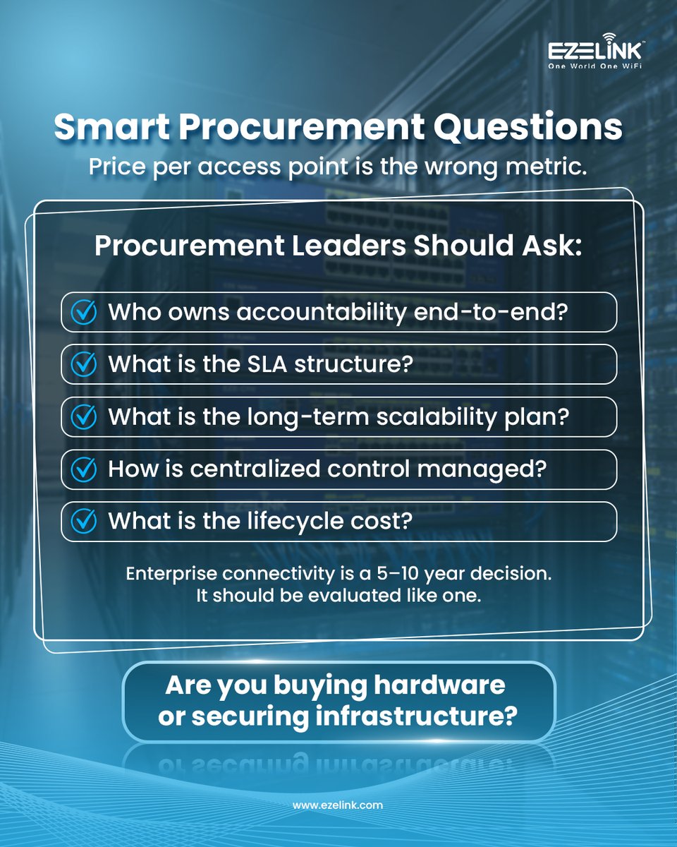 Price per access point is the wrong metric. Enterprise connectivity is a strategic 5–10 year decision and should be evaluated accordingly.

Buying hardware is transactional. Choosing a partner for reliable, future-proof infrastructure is strategic.

#EZELINK #EnterpriseWiFi