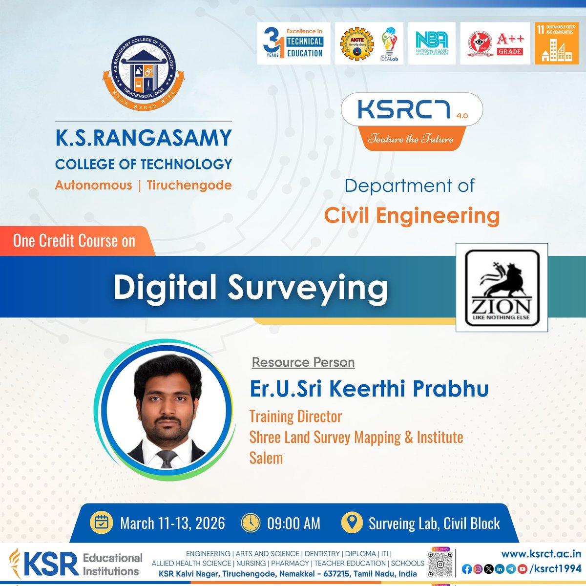 ksrct1994's tweet photo. The Department of Civil Engineering at K.S.Rangasamy College of Technology organizes a One Credit Course on "Digital Surveying" during March 11 – 13, 2026 at Surveying Lab, Civil Block.

#ksrct1994 #ksr #ksrei #DigitalSurveying #CivilEngineering #Surveying #OneCreditCourse https://t.co/v0ZZ724AaR
