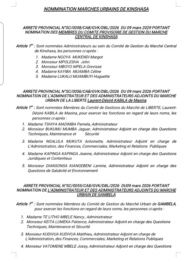 2LaRepublique's tweet photo. 🚨 URGENT 

#RDC : Le Gouverneur Daniel Bumba vient de procéder à la signature d'un arrêté nommant les nouveaux membres des comités provisoires de gestion des marchés urbains de Kinshasa. https://t.co/BFAz43SLWX